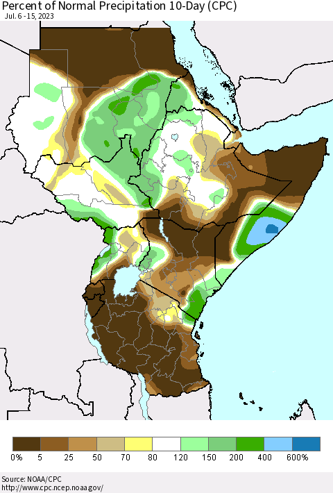 Eastern Africa Percent of Normal Precipitation 10-Day (CPC) Thematic Map For 7/6/2023 - 7/15/2023