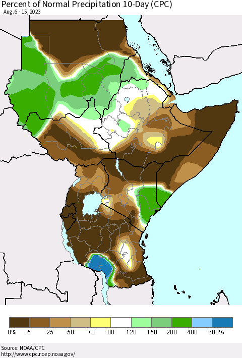 Eastern Africa Percent of Normal Precipitation 10-Day (CPC) Thematic Map For 8/6/2023 - 8/15/2023