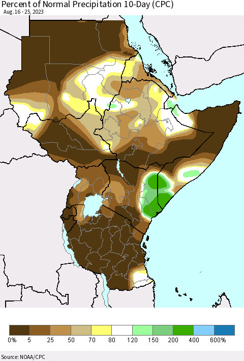 Eastern Africa Percent of Normal Precipitation 10-Day (CPC) Thematic Map For 8/16/2023 - 8/25/2023