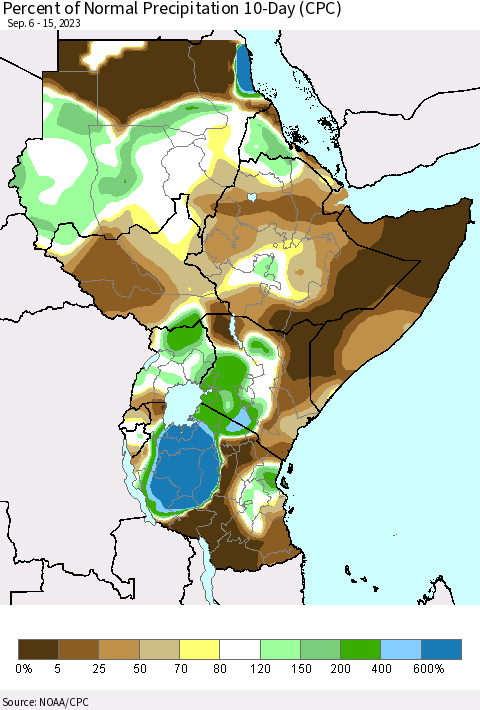 Eastern Africa Percent of Normal Precipitation 10-Day (CPC) Thematic Map For 9/6/2023 - 9/15/2023