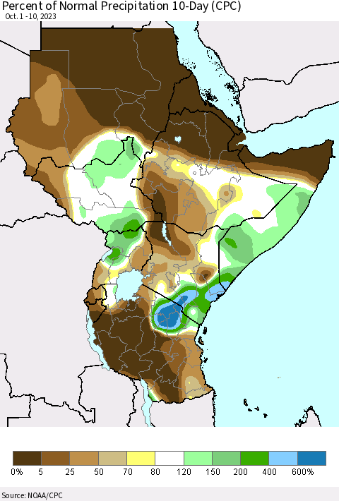 Eastern Africa Percent of Normal Precipitation 10-Day (CPC) Thematic Map For 10/1/2023 - 10/10/2023