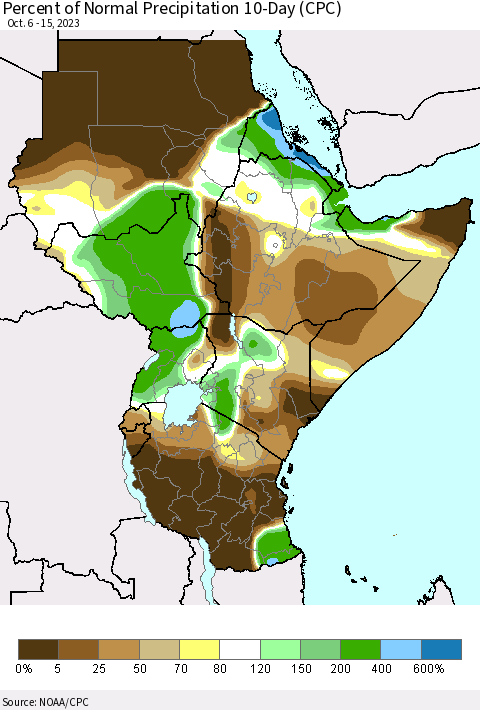 Eastern Africa Percent of Normal Precipitation 10-Day (CPC) Thematic Map For 10/6/2023 - 10/15/2023