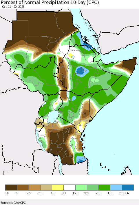 Eastern Africa Percent of Normal Precipitation 10-Day (CPC) Thematic Map For 10/11/2023 - 10/20/2023