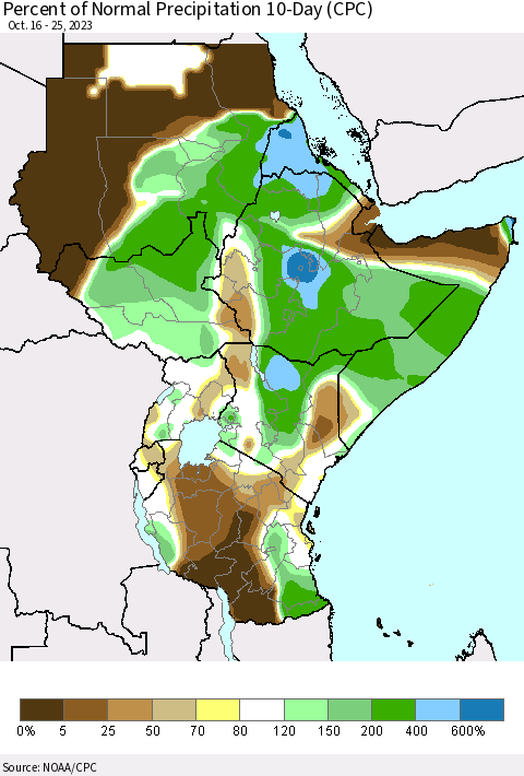 Eastern Africa Percent of Normal Precipitation 10-Day (CPC) Thematic Map For 10/16/2023 - 10/25/2023