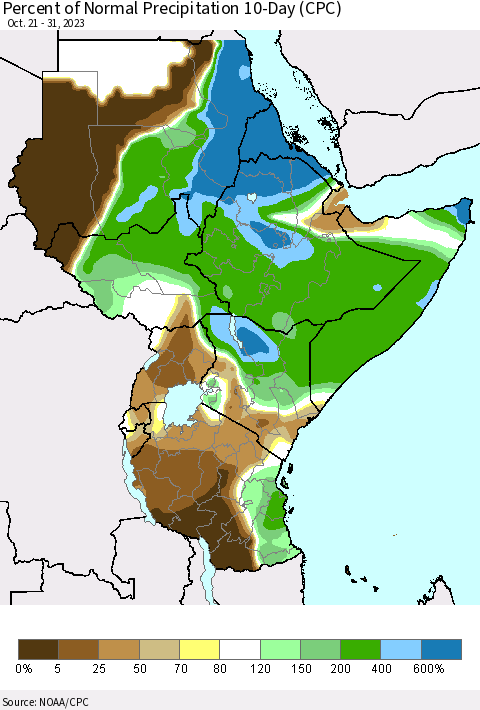 Eastern Africa Percent of Normal Precipitation 10-Day (CPC) Thematic Map For 10/21/2023 - 10/31/2023