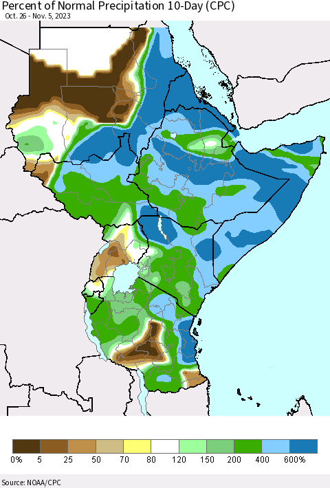 Eastern Africa Percent of Normal Precipitation 10-Day (CPC) Thematic Map For 10/26/2023 - 11/5/2023