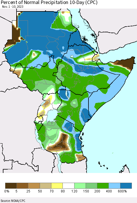 Eastern Africa Percent of Normal Precipitation 10-Day (CPC) Thematic Map For 11/1/2023 - 11/10/2023