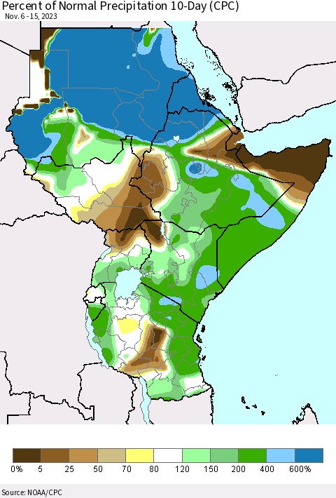 Eastern Africa Percent of Normal Precipitation 10-Day (CPC) Thematic Map For 11/6/2023 - 11/15/2023