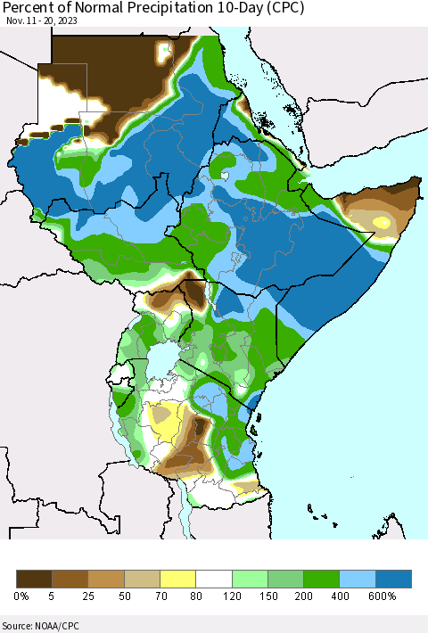 Eastern Africa Percent of Normal Precipitation 10-Day (CPC) Thematic Map For 11/11/2023 - 11/20/2023