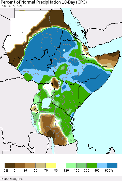 Eastern Africa Percent of Normal Precipitation 10-Day (CPC) Thematic Map For 11/16/2023 - 11/25/2023