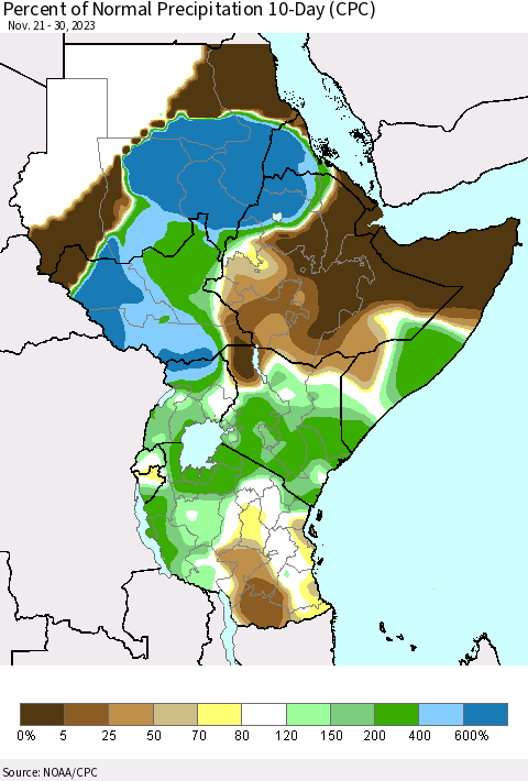 Eastern Africa Percent of Normal Precipitation 10-Day (CPC) Thematic Map For 11/21/2023 - 11/30/2023