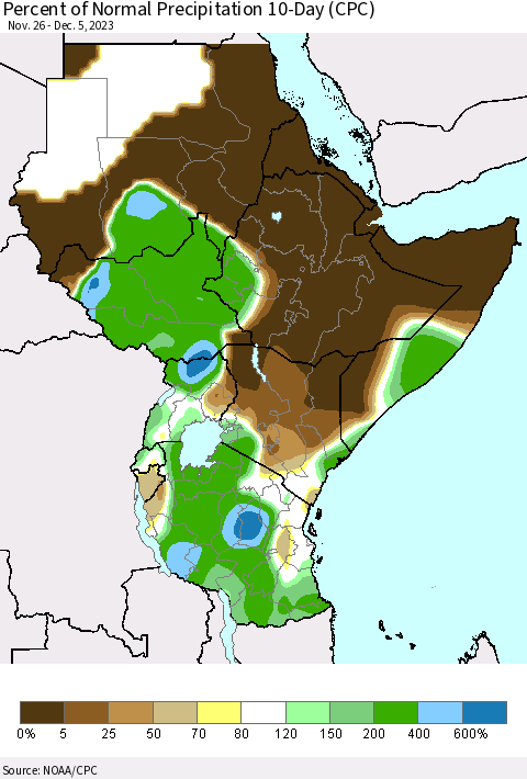 Eastern Africa Percent of Normal Precipitation 10-Day (CPC) Thematic Map For 11/26/2023 - 12/5/2023
