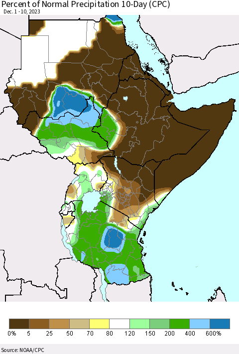 Eastern Africa Percent of Normal Precipitation 10-Day (CPC) Thematic Map For 12/1/2023 - 12/10/2023