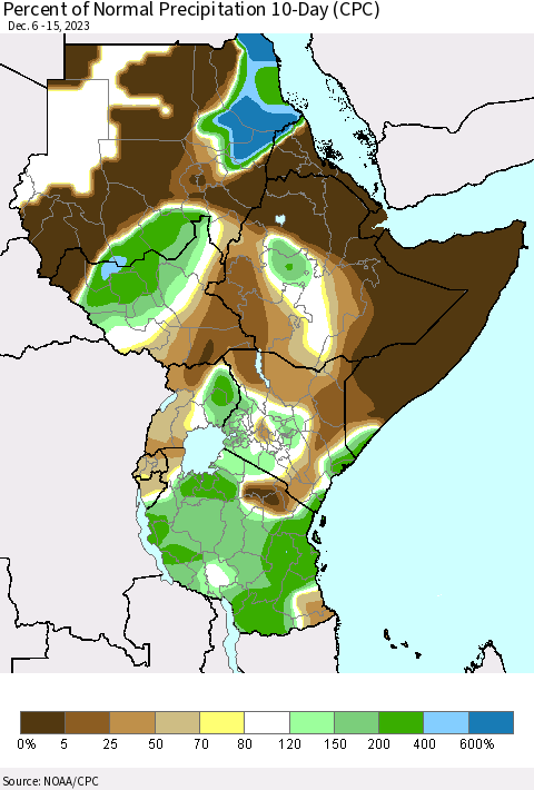 Eastern Africa Percent of Normal Precipitation 10-Day (CPC) Thematic Map For 12/6/2023 - 12/15/2023