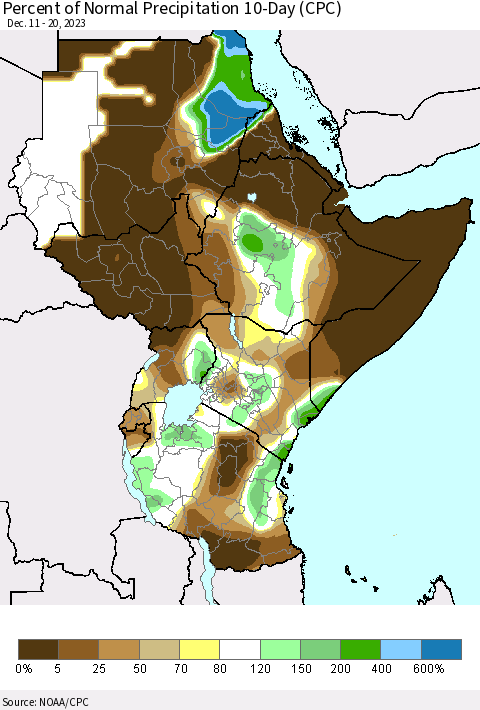Eastern Africa Percent of Normal Precipitation 10-Day (CPC) Thematic Map For 12/11/2023 - 12/20/2023