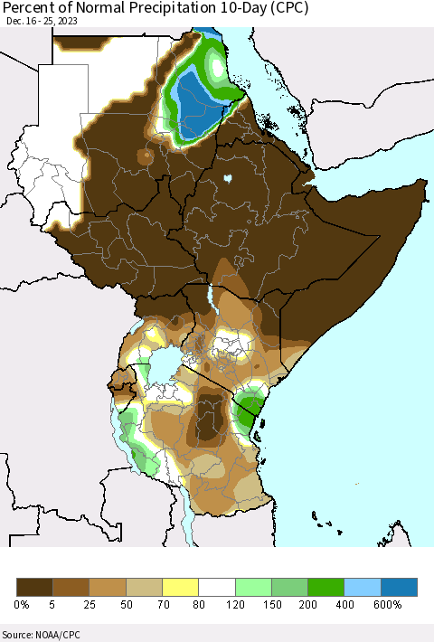 Eastern Africa Percent of Normal Precipitation 10-Day (CPC) Thematic Map For 12/16/2023 - 12/25/2023