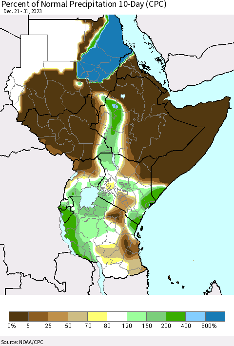 Eastern Africa Percent of Normal Precipitation 10-Day (CPC) Thematic Map For 12/21/2023 - 12/31/2023