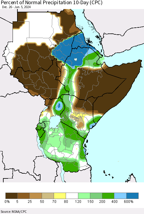Eastern Africa Percent of Normal Precipitation 10-Day (CPC) Thematic Map For 12/26/2023 - 1/5/2024