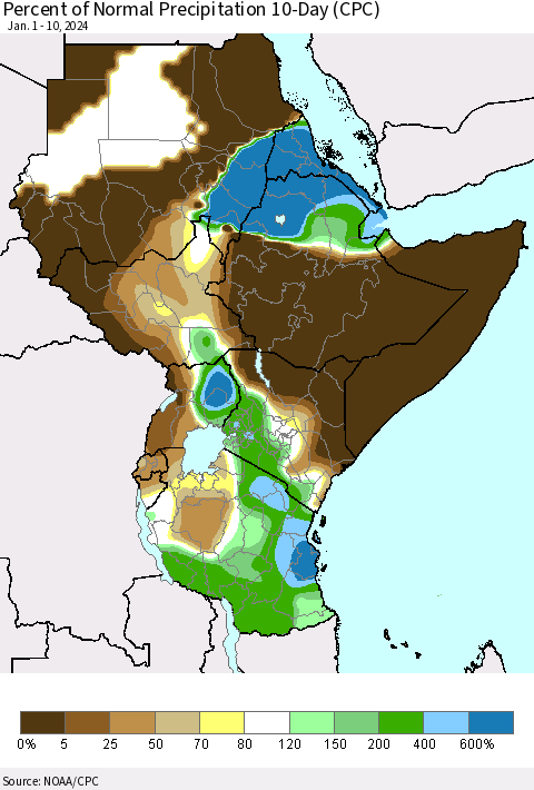 Eastern Africa Percent of Normal Precipitation 10-Day (CPC) Thematic Map For 1/1/2024 - 1/10/2024