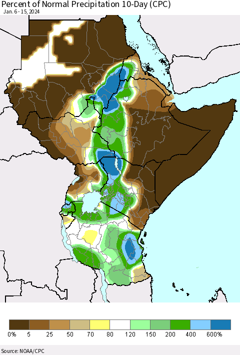 Eastern Africa Percent of Normal Precipitation 10-Day (CPC) Thematic Map For 1/6/2024 - 1/15/2024