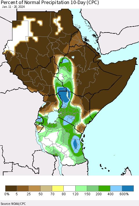 Eastern Africa Percent of Normal Precipitation 10-Day (CPC) Thematic Map For 1/11/2024 - 1/20/2024