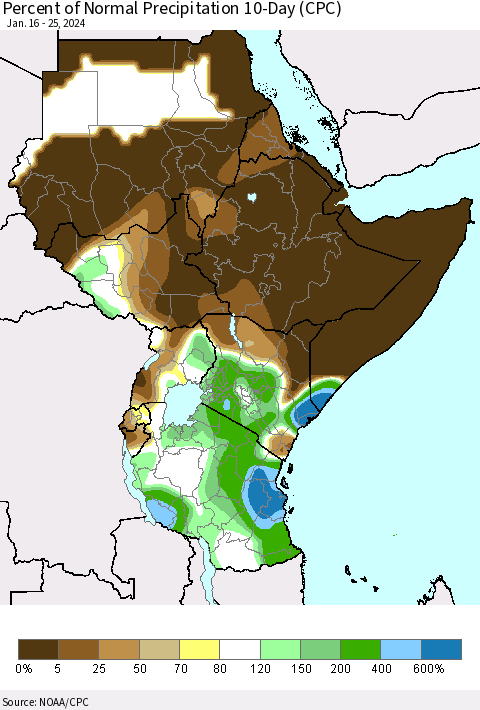 Eastern Africa Percent of Normal Precipitation 10-Day (CPC) Thematic Map For 1/16/2024 - 1/25/2024