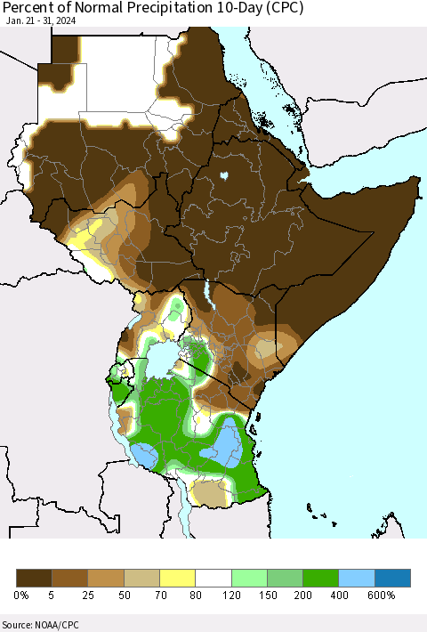 Eastern Africa Percent of Normal Precipitation 10-Day (CPC) Thematic Map For 1/21/2024 - 1/31/2024
