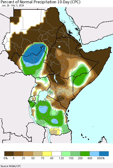 Eastern Africa Percent of Normal Precipitation 10-Day (CPC) Thematic Map For 1/26/2024 - 2/5/2024