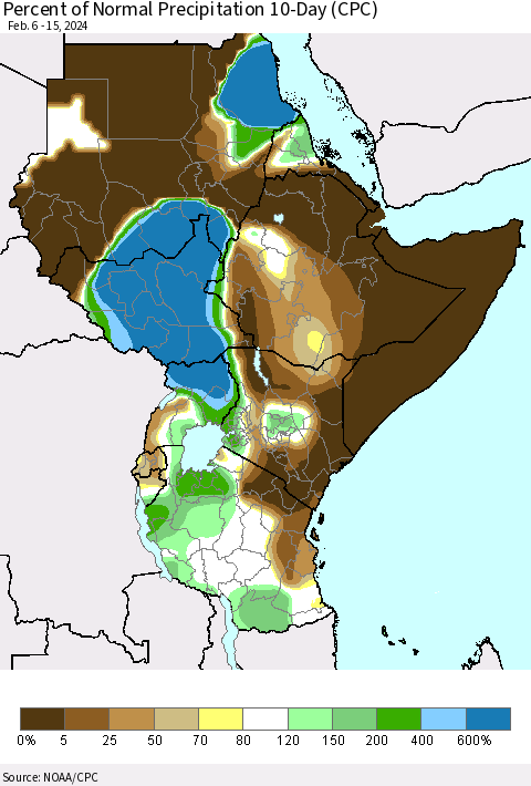 Eastern Africa Percent of Normal Precipitation 10-Day (CPC) Thematic Map For 2/6/2024 - 2/15/2024