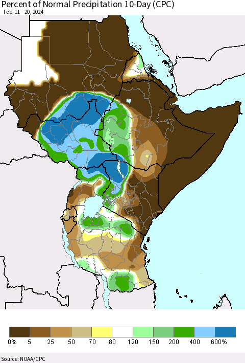 Eastern Africa Percent of Normal Precipitation 10-Day (CPC) Thematic Map For 2/11/2024 - 2/20/2024