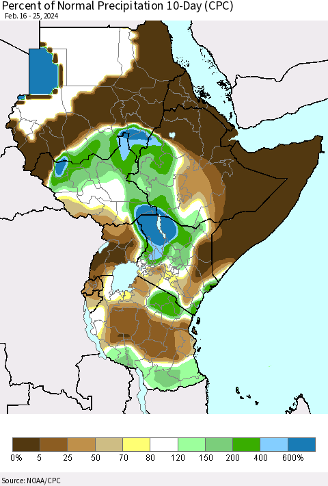 Eastern Africa Percent of Normal Precipitation 10-Day (CPC) Thematic Map For 2/16/2024 - 2/25/2024