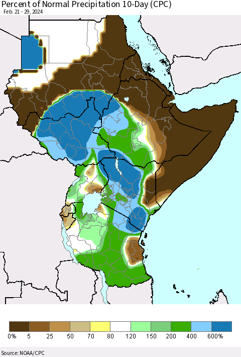 Eastern Africa Percent of Normal Precipitation 10-Day (CPC) Thematic Map For 2/21/2024 - 2/29/2024