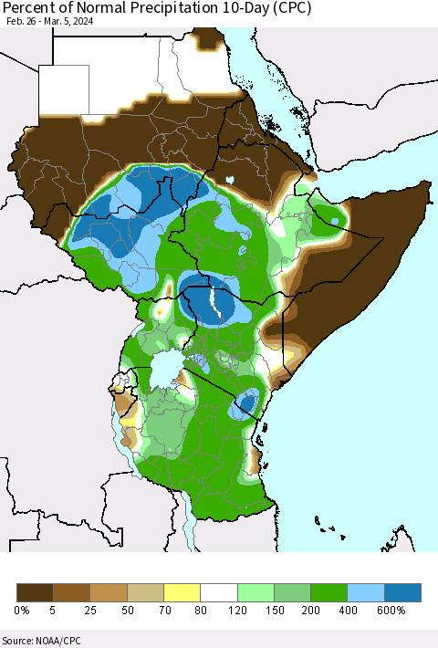 Eastern Africa Percent of Normal Precipitation 10-Day (CPC) Thematic Map For 2/26/2024 - 3/5/2024