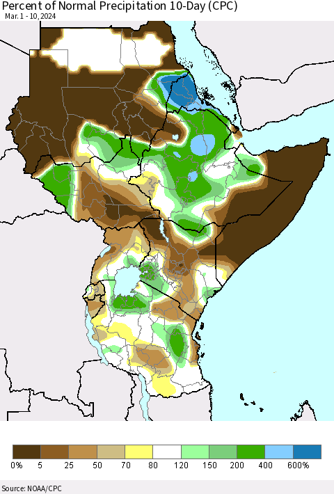 Eastern Africa Percent of Normal Precipitation 10-Day (CPC) Thematic Map For 3/1/2024 - 3/10/2024