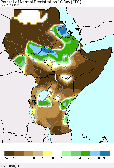 Eastern Africa Percent of Normal Precipitation 10-Day (CPC) Thematic Map For 3/6/2024 - 3/15/2024