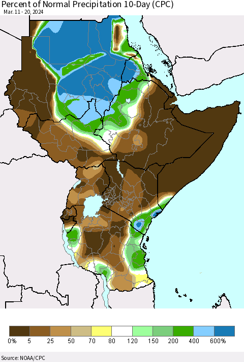 Eastern Africa Percent of Normal Precipitation 10-Day (CPC) Thematic Map For 3/11/2024 - 3/20/2024