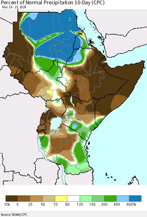 Eastern Africa Percent of Normal Precipitation 10-Day (CPC) Thematic Map For 3/16/2024 - 3/25/2024
