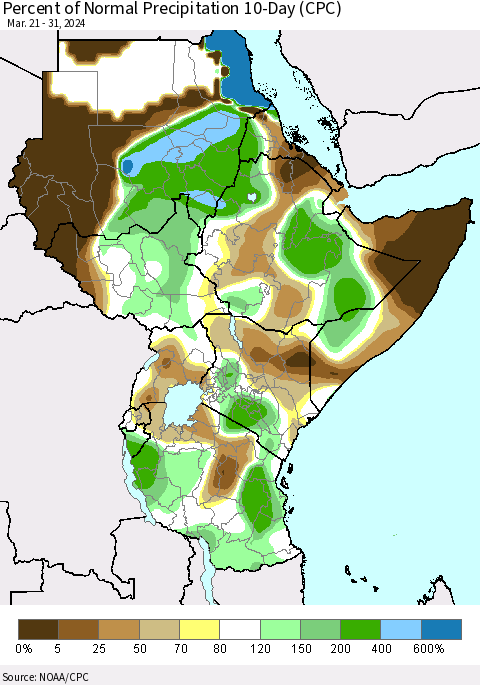 Eastern Africa Percent of Normal Precipitation 10-Day (CPC) Thematic Map For 3/21/2024 - 3/31/2024