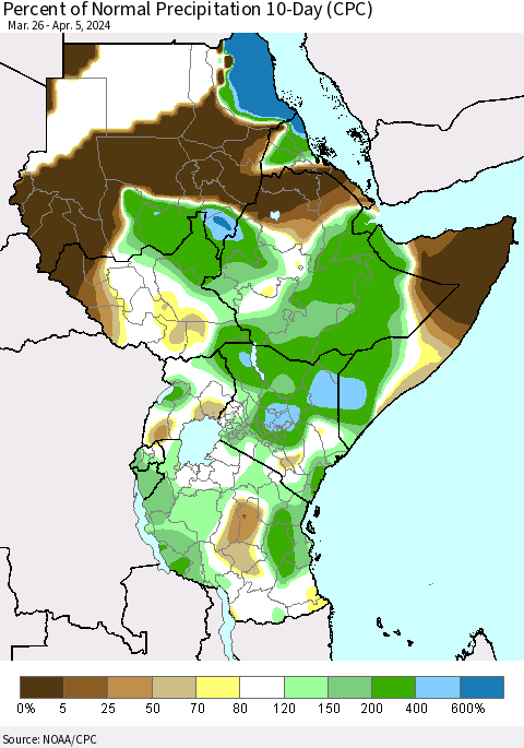 Eastern Africa Percent of Normal Precipitation 10-Day (CPC) Thematic Map For 3/26/2024 - 4/5/2024