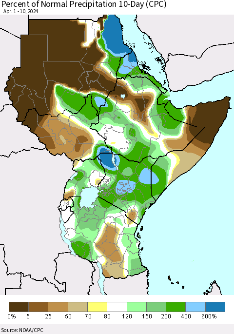Eastern Africa Percent of Normal Precipitation 10-Day (CPC) Thematic Map For 4/1/2024 - 4/10/2024