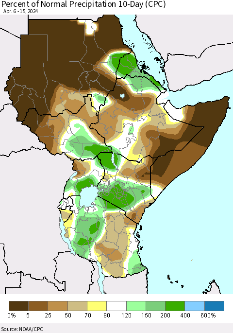 Eastern Africa Percent of Normal Precipitation 10-Day (CPC) Thematic Map For 4/6/2024 - 4/15/2024