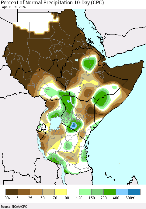 Eastern Africa Percent of Normal Precipitation 10-Day (CPC) Thematic Map For 4/11/2024 - 4/20/2024