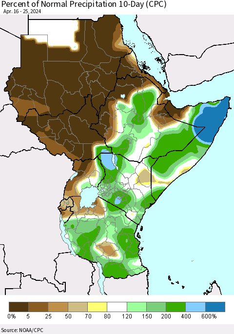 Eastern Africa Percent of Normal Precipitation 10-Day (CPC) Thematic Map For 4/16/2024 - 4/25/2024