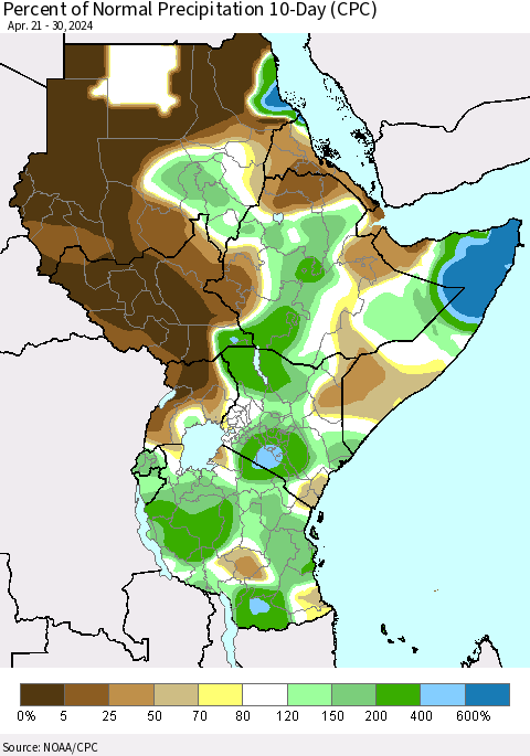 Eastern Africa Percent of Normal Precipitation 10-Day (CPC) Thematic Map For 4/21/2024 - 4/30/2024