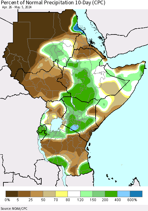 Eastern Africa Percent of Normal Precipitation 10-Day (CPC) Thematic Map For 4/26/2024 - 5/5/2024