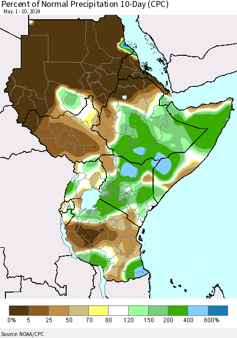 Eastern Africa Percent of Normal Precipitation 10-Day (CPC) Thematic Map For 5/1/2024 - 5/10/2024