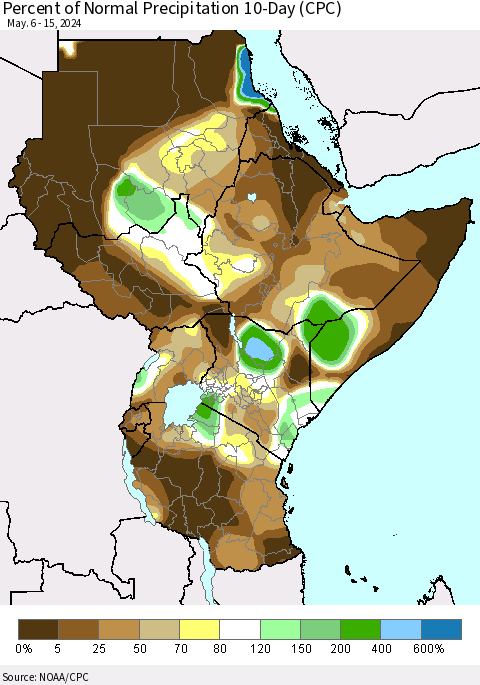 Eastern Africa Percent of Normal Precipitation 10-Day (CPC) Thematic Map For 5/6/2024 - 5/15/2024