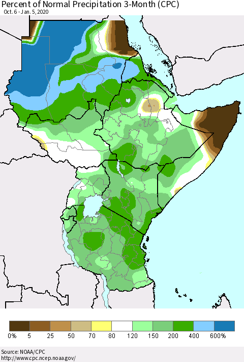 Eastern Africa Percent of Normal Precipitation 3-Month (CPC) Thematic Map For 10/6/2019 - 1/5/2020