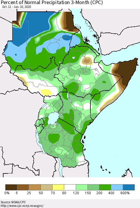 Eastern Africa Percent of Normal Precipitation 3-Month (CPC) Thematic Map For 10/11/2019 - 1/10/2020