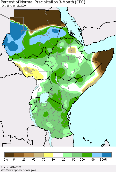 Eastern Africa Percent of Normal Precipitation 3-Month (CPC) Thematic Map For 10/16/2019 - 1/15/2020